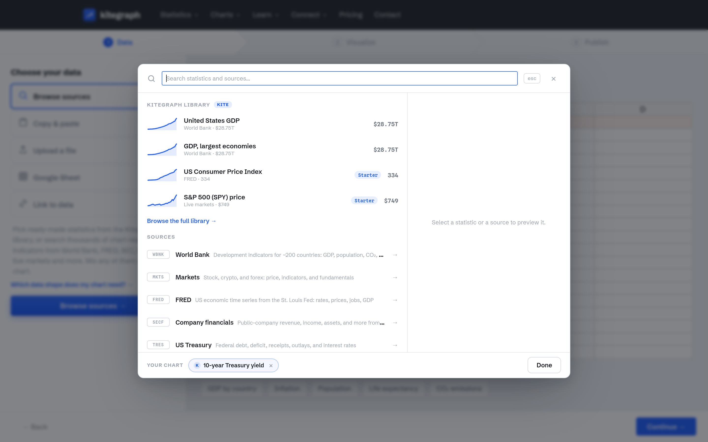 The Kitegraph data picker: library statistics above the connected public data sources