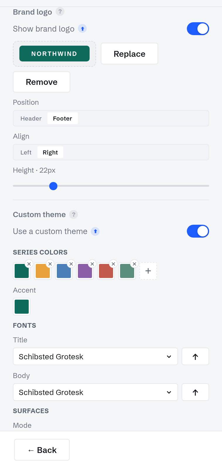 The Brand logo and Custom theme sections on the Layout tab: position, alignment, height, palette, and fonts.